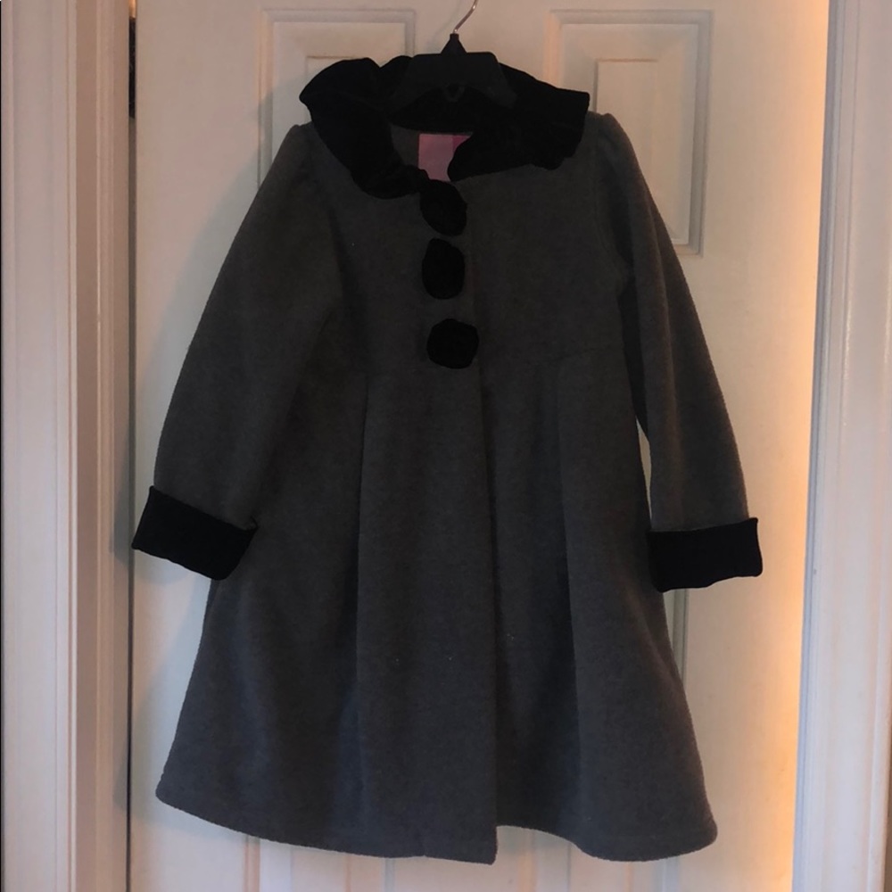 Girls gray pea coat w/ black velvet trim